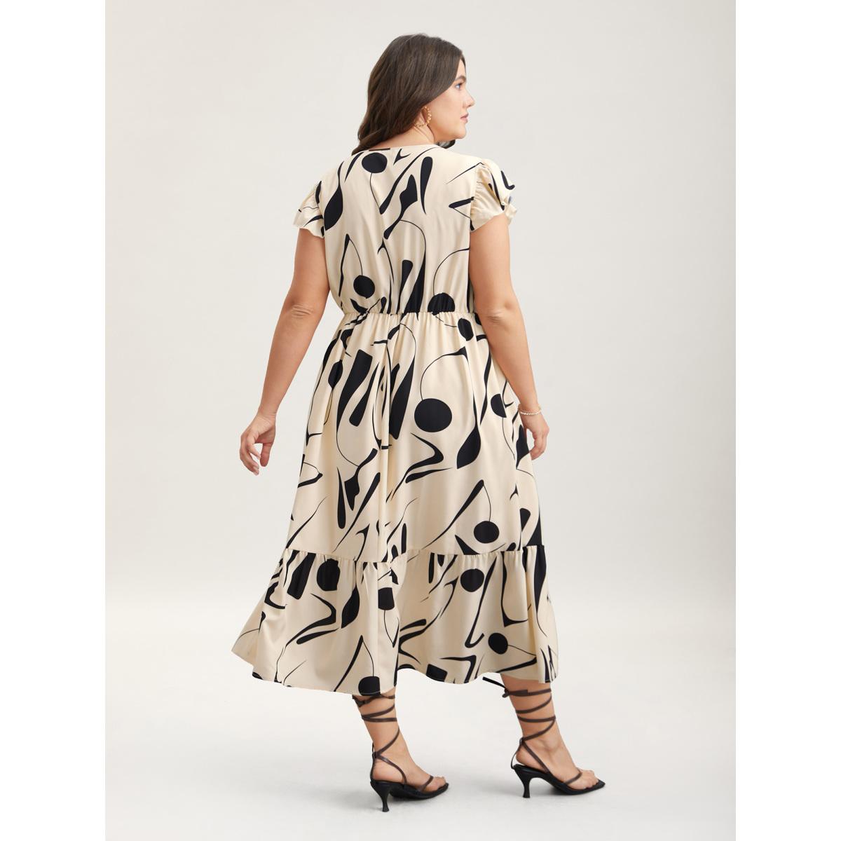 Plus Size Geometric Print Flutter Sleeve Tiered Midi Dress Apricot Women Elegant Ruffles Round Neck Cap Sleeve Curvy BloomChic 30/6X Product Image