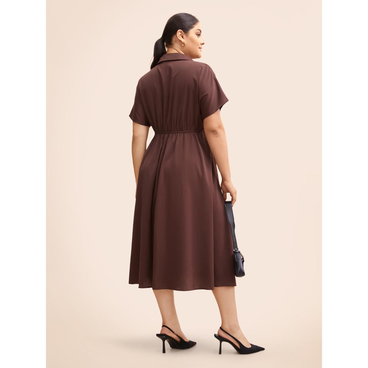 Plus Size Shirt Collar Batwing Sleeve Drawstring Dress Browncoffeecolor Women At the Office Drawstring Shirt collar Short sleeve Curvy BloomChic 18-20/2X Product Image