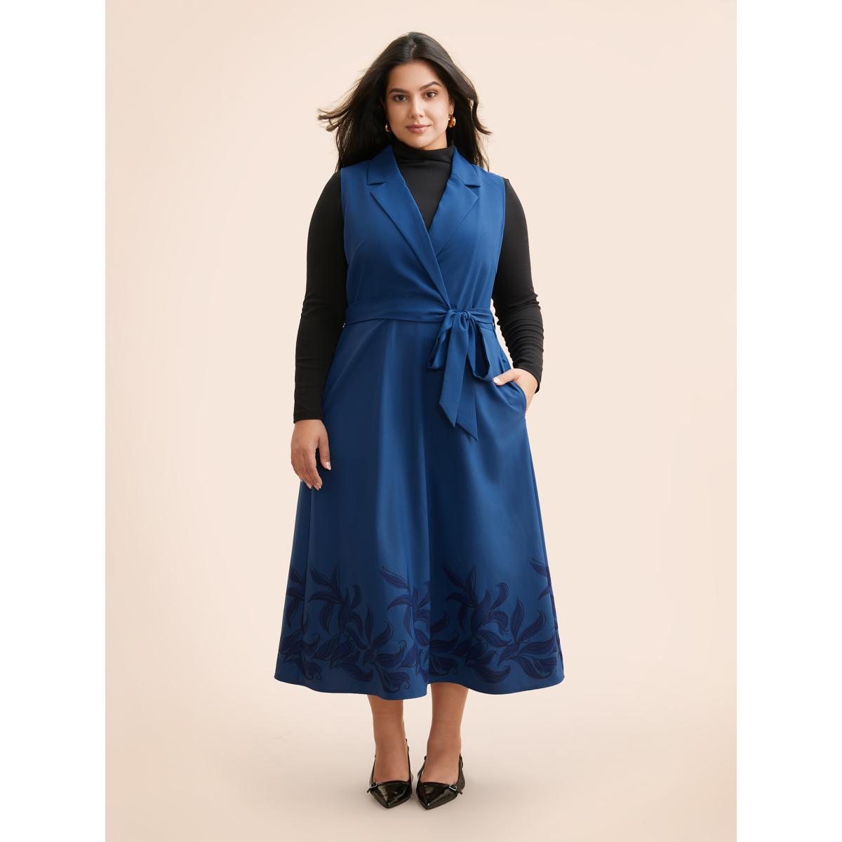 Plus Size Suit Collar Floral Belted Sleeveless Dress DarkBlue Women At the Office Belted Suit Collar Sleeveless Curvy BloomChic 26/4X Product Image