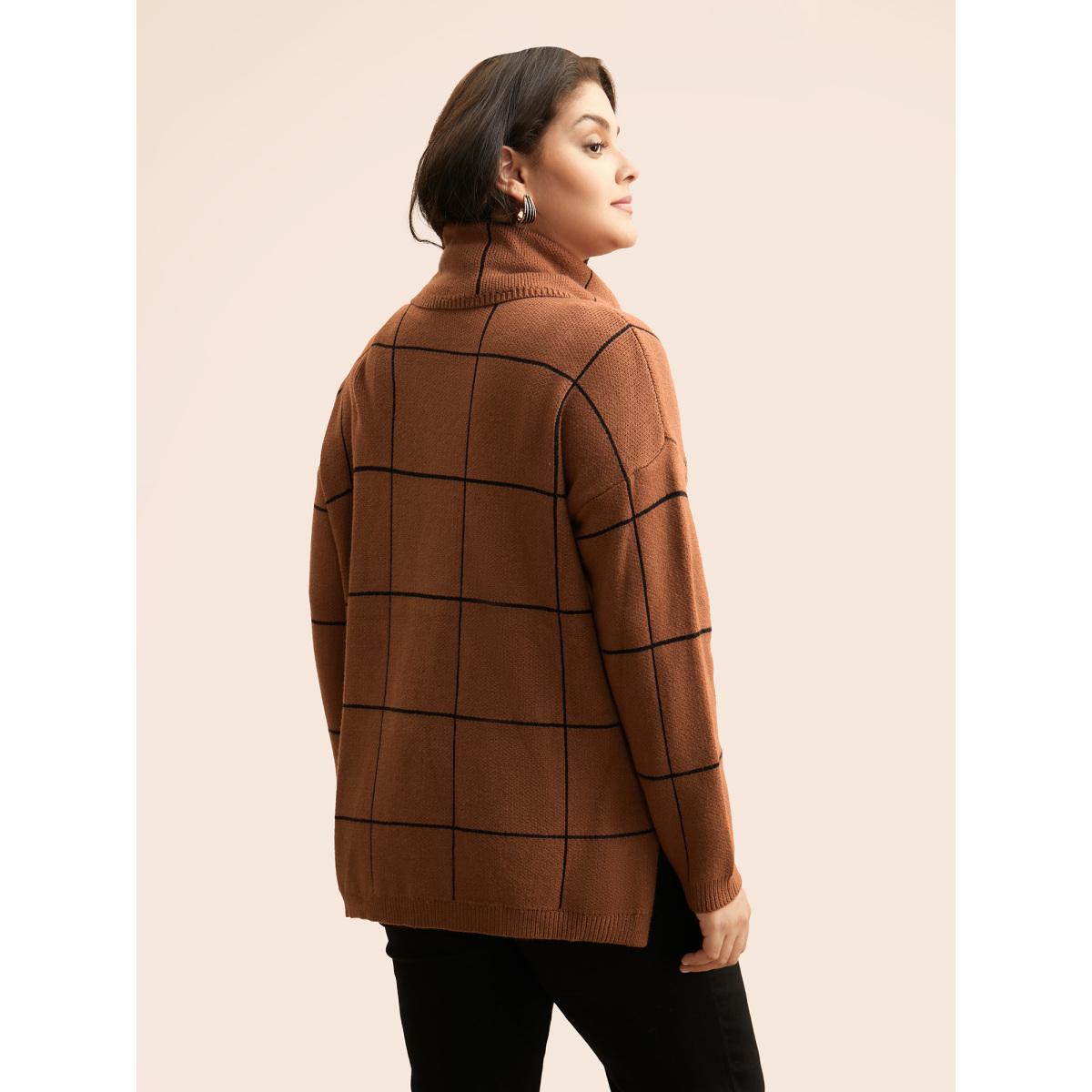 Plus Size Supersoft Essentials Turtleneck Plaid Drop Shoulder Pullover Browncoffeecolor Women Leisure Loose Long Sleeve Turtleneck Casual Pullovers BloomChic 14-16/1X Product Image
