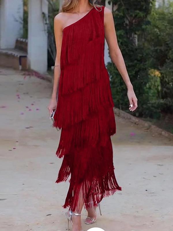 Loose Sleeveless Asymmetric Solid Color Split-Joint Tasseled One-Shoulder Maxi Dresses Product Image