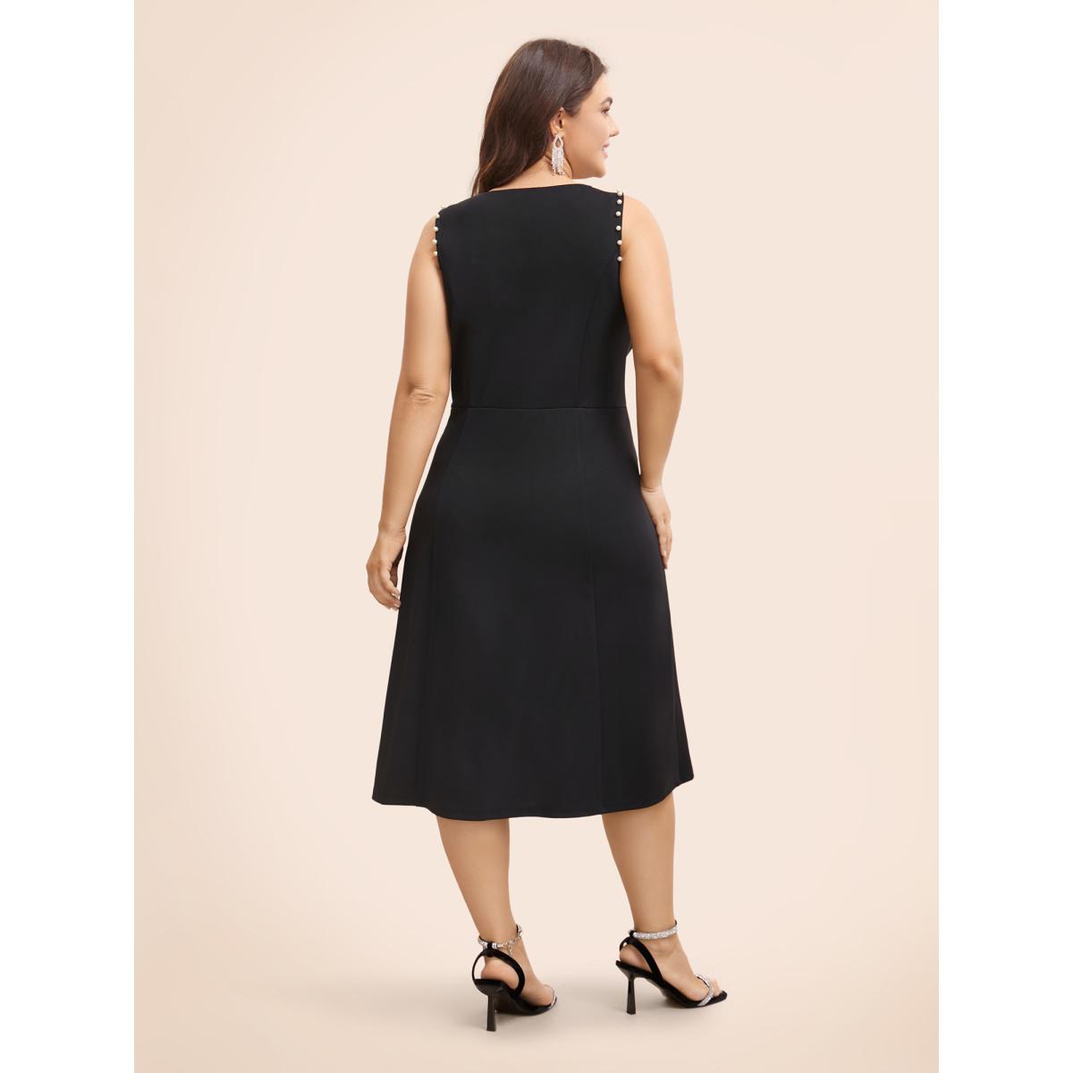 Plus Size Crew Neck Pearl Beaded Tank Dress Black Women Elegant Beaded Round Neck Sleeveless Curvy BloomChic 10/M Product Image