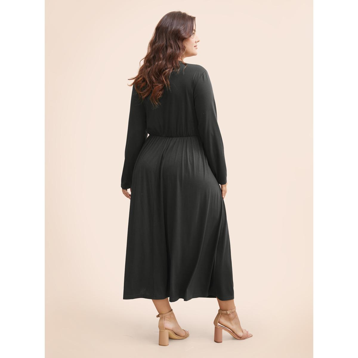 Plus Size Supersoft Essentials Ruched Wrap Pleated Hem Dress DimGray Women Casual Non Overlap Collar Long Sleeve Curvy Midi Dress BloomChic 26/4X Product Image