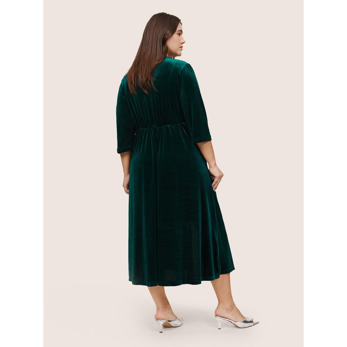 Plus Size Plain Velvet Wrap Gathered Split Front Dress DarkGreen Women Glamour Velvet Overlap Collar Elbow-length sleeve Curvy Midi Dress BloomChic 30/6X Product Image