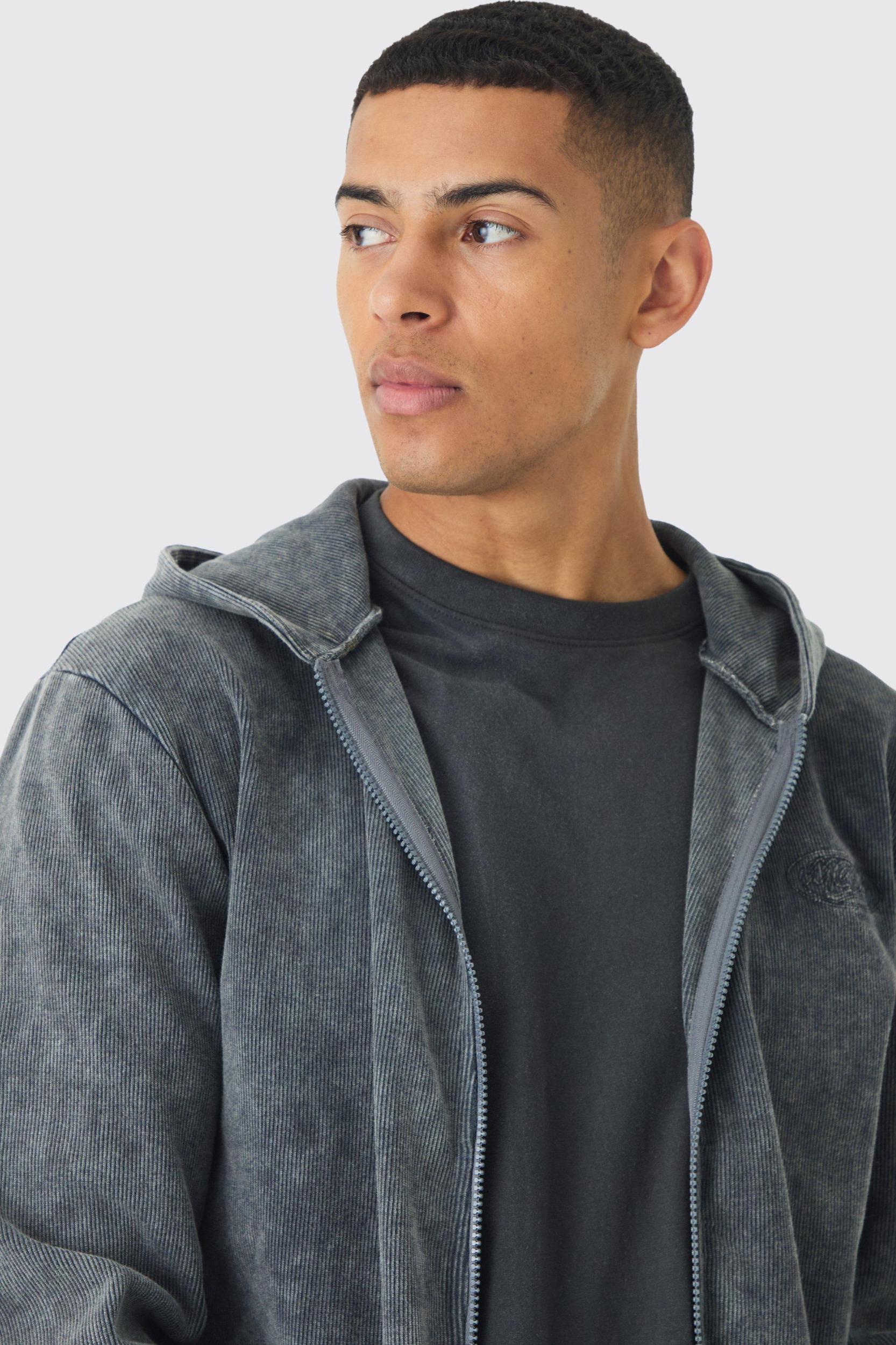 Regular Fit Washed Rib Man Embroidered Zip Through Hoodie | boohooMAN USA Product Image