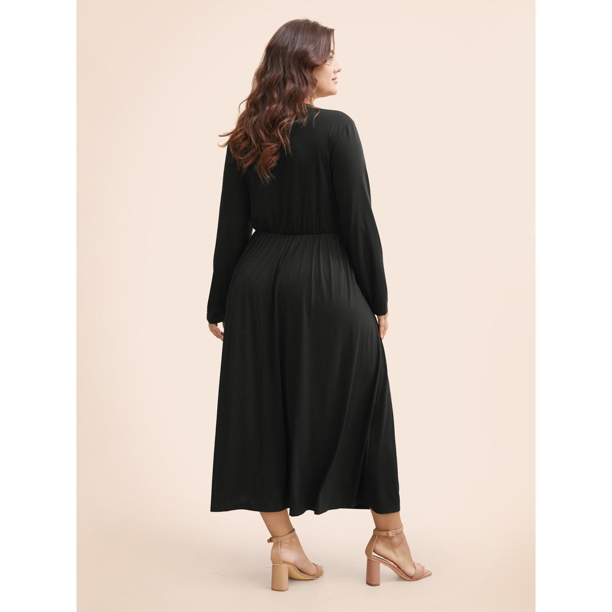 Plus Size Supersoft Essentials Ruched Wrap Pleated Hem Dress Black Women Casual Non Overlap Collar Long Sleeve Curvy Midi Dress BloomChic 22-24/3X Product Image