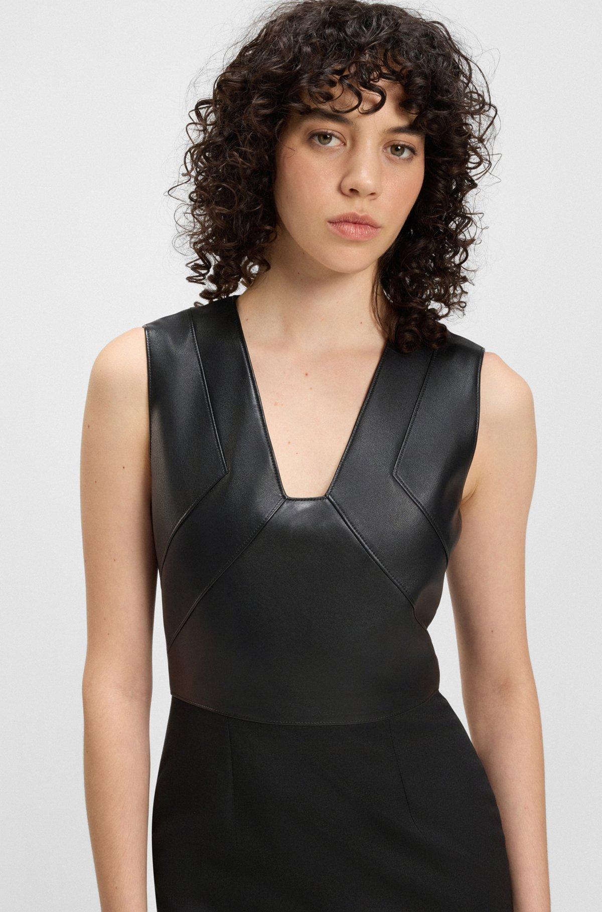 BOSS - Virgin-wool dress with leather bodice - Black Product Image