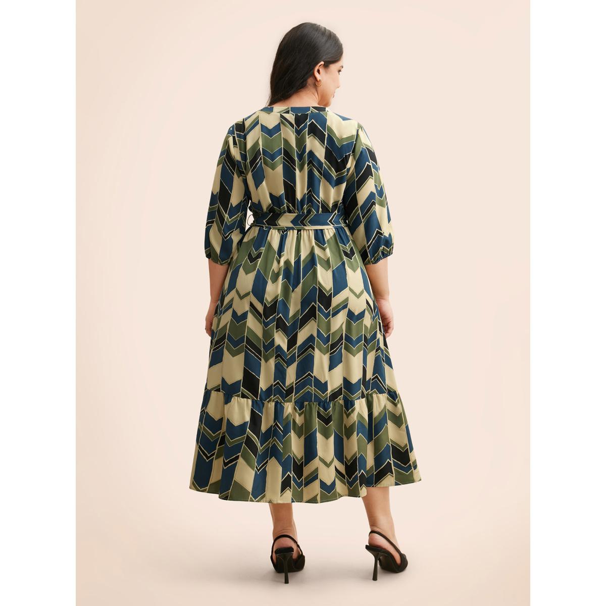 Plus Size Geometric Contrast Lantern Sleeve Dress Moss Women At the Office Belted Flat collar with V-notch Elbow-length sleeve Curvy BloomChic 12/L Product Image