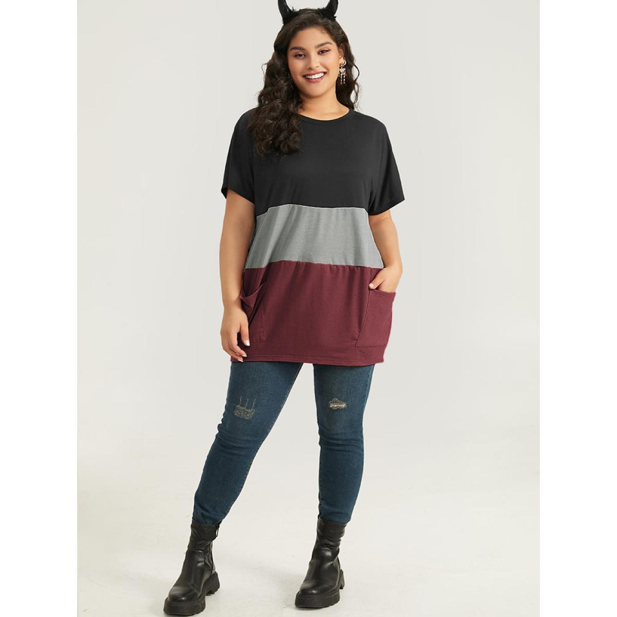 Plus Size Halloween Colorblock Contrast Pocket Crew Neck T-shirt Burgundy Women Casual Contrast Plain Round Neck Festival-Halloween T-shirts BloomChic 12/L Product Image