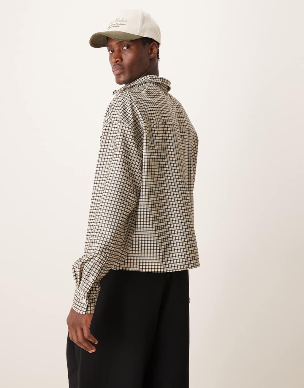 ASOS DESIGN volume oversized cropped shirt in neutral check Product Image