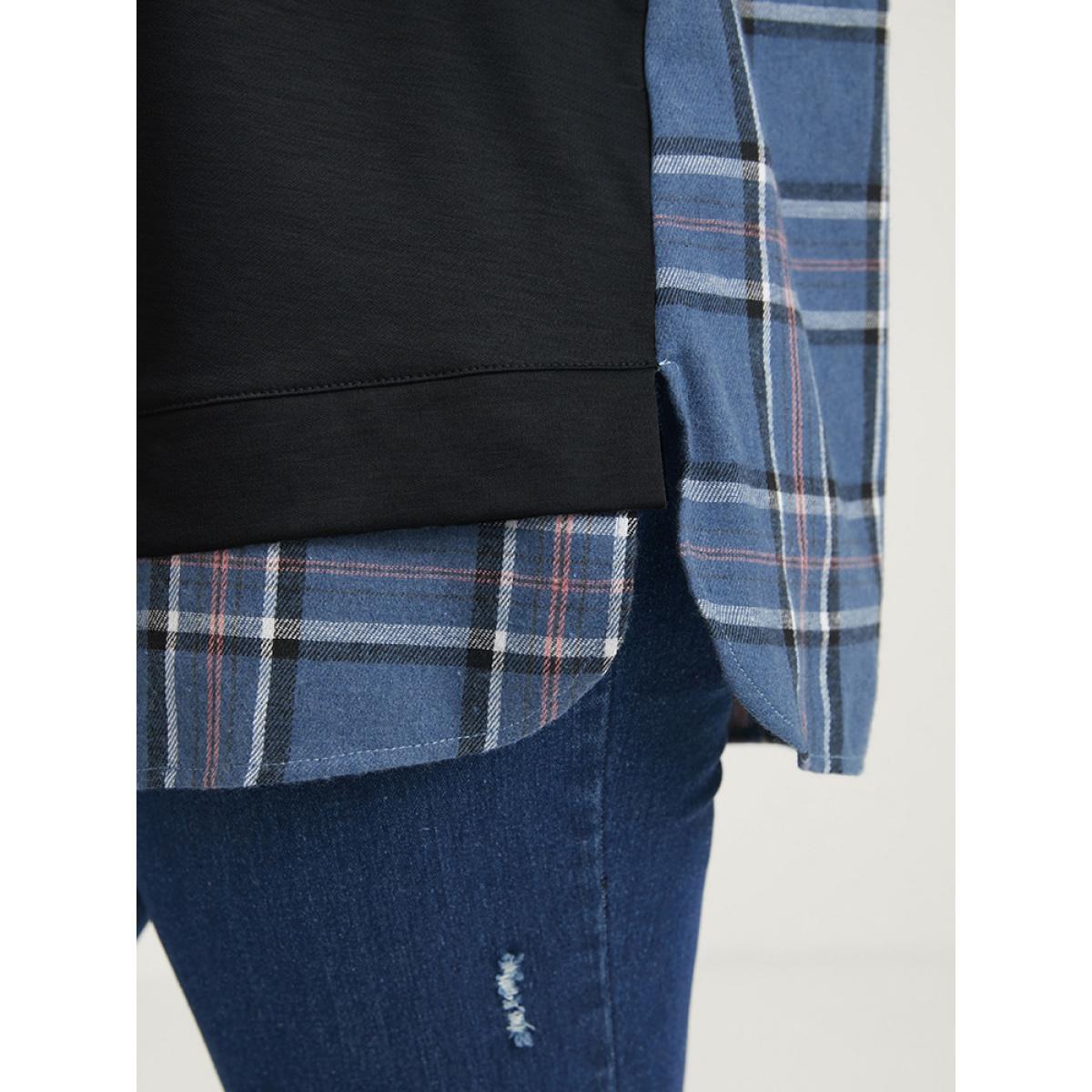 Plus Size Plaid Contrast Asymmetrical Drawstring Hooded Sweatshirt Women Black Casual Contrast Loose Hooded Dailywear Sweatshirts BloomChic 30/6X Product Image