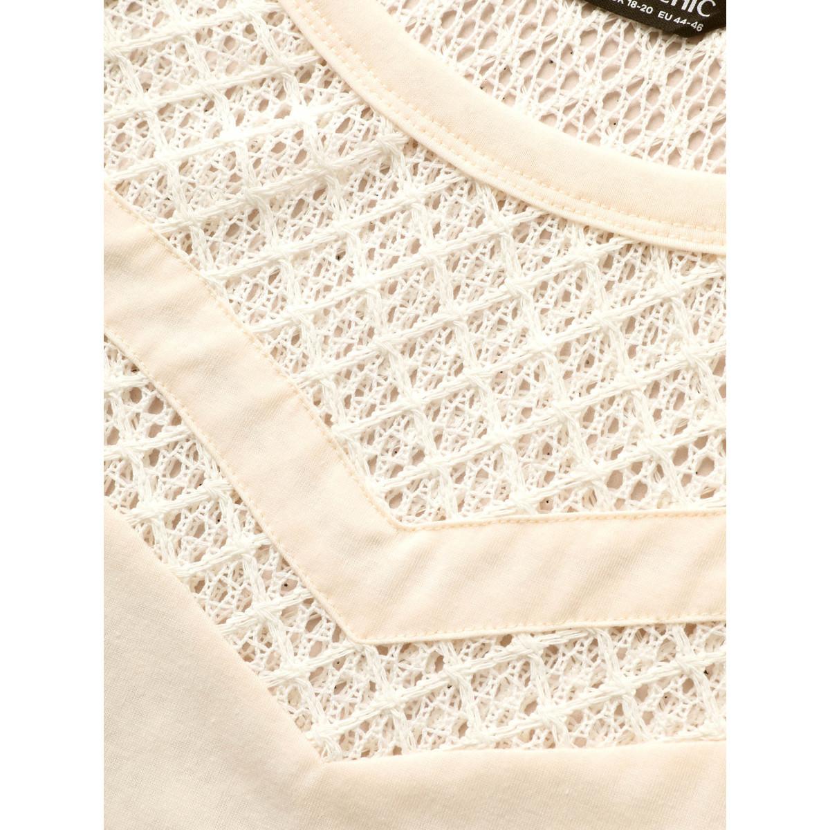 Plus Size Solid Hollow Out Raglan Sleeve T-shirt Beige Women Casual Patchwork Round Neck Everyday T-shirts BloomChic 30/6X Product Image