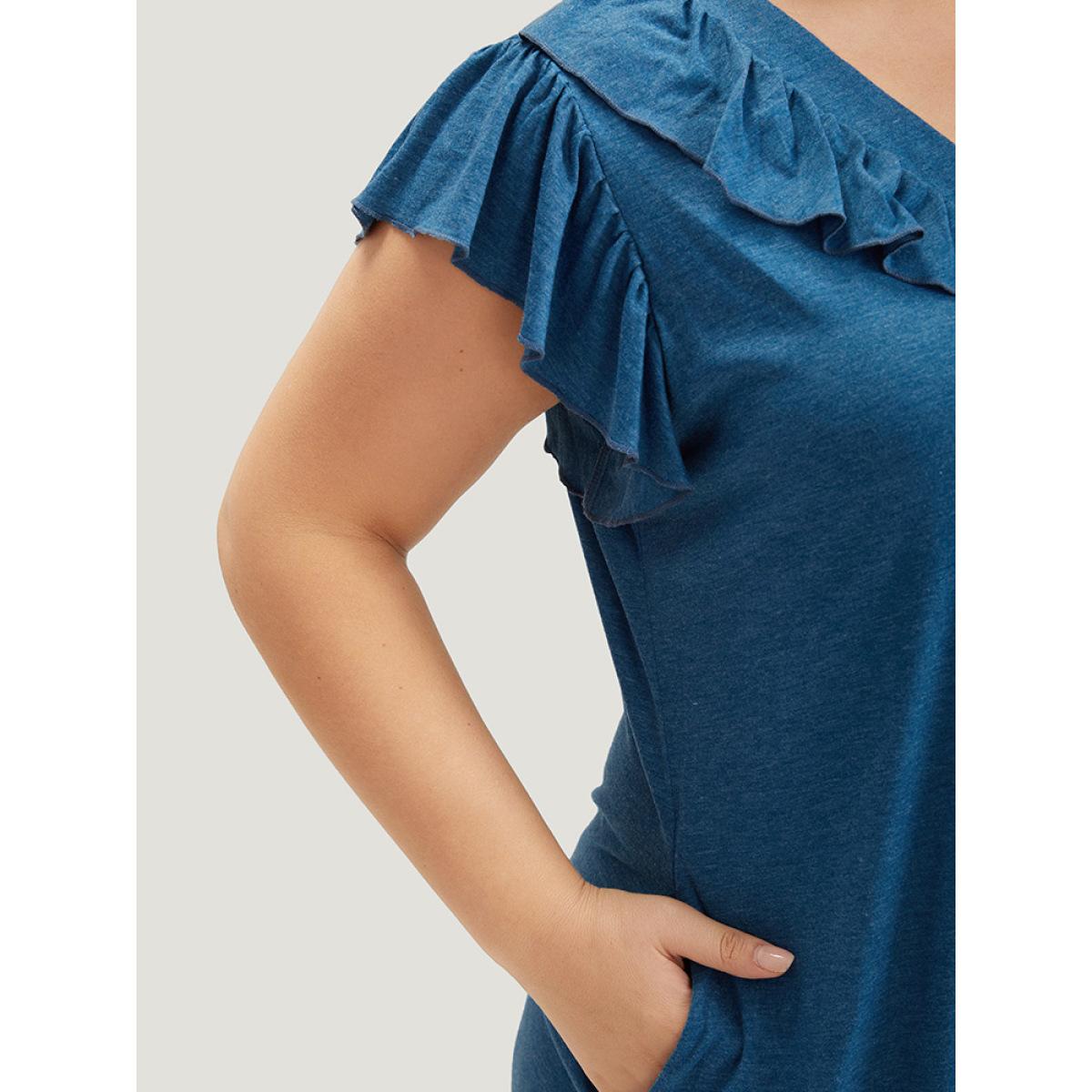 Plus Size Supersoft Essentials Plain Pocket Button Through Flutter Dress Aegean Women Casual Button V-neck Cap Sleeve Curvy Midi Dress BloomChic 10/M Product Image