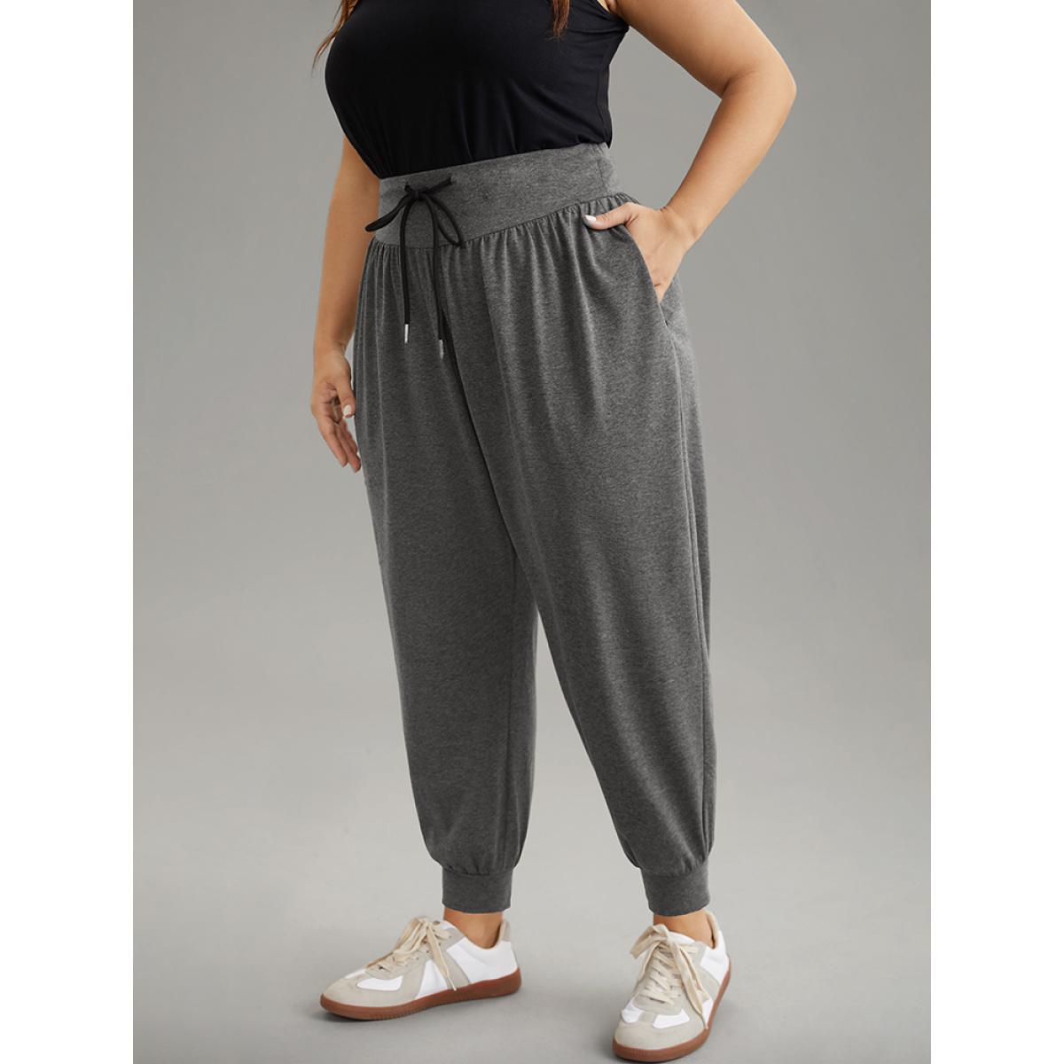 Plus Size Solid Drawstring Elastic Waist Cuffed Pants Women DimGray Casual High Rise Dailywear Pants BloomChic 14-16/1X Product Image