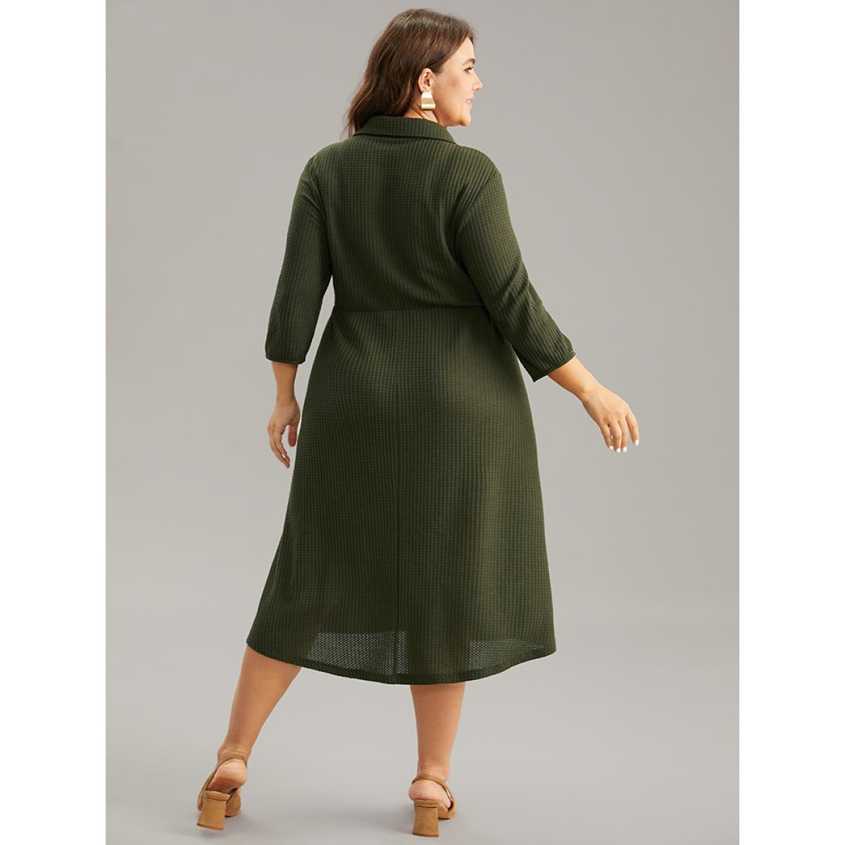 Plus Size Waffle Knit Button Detail Lapel Collar Dress ArmyGreen Women Elegant Elastic cuffs Lapel Collar Elbow-length sleeve Curvy Midi Dress BloomChic 18-20/2X Product Image