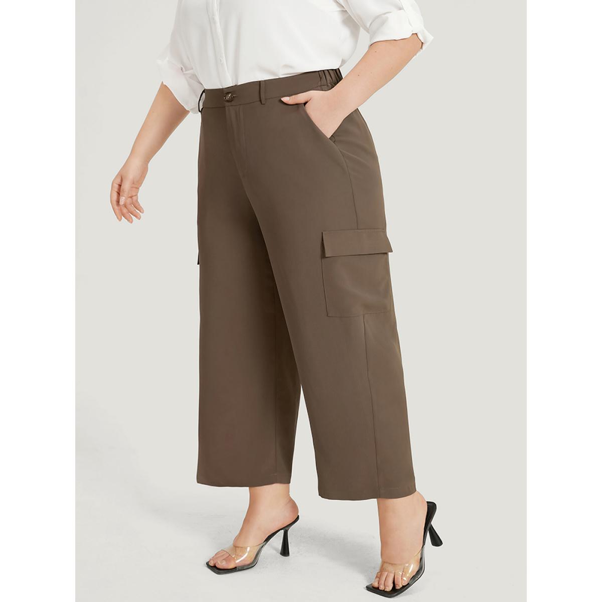 Plus Size Plain Pocket Elastic Waist High Rise Pants Women DarkBrown Office Straight Leg High Rise Office Pants BloomChic 30/6X Product Image