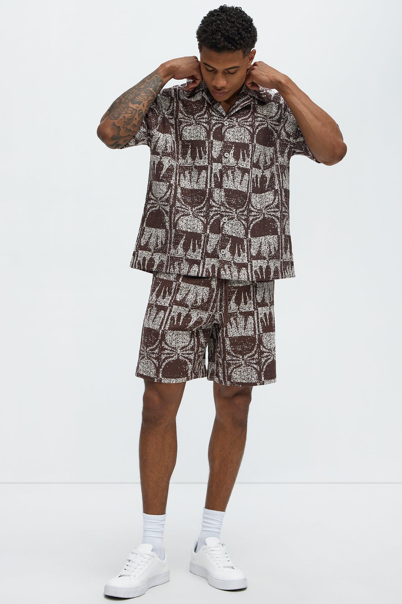Tribal Pattern Cuban Button Down Shirt - Brown Combo Product Image