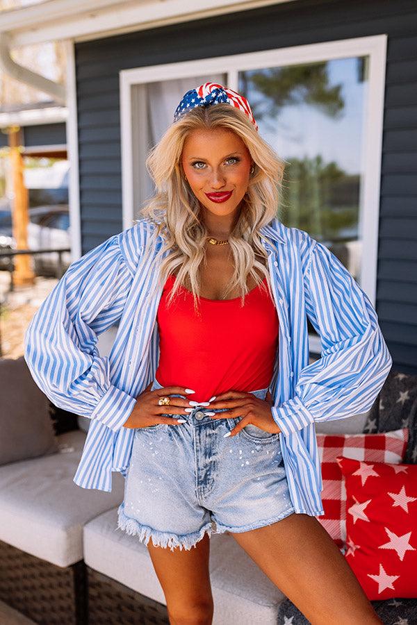 First Class Reservations Stripe Button Up in Blue Product Image