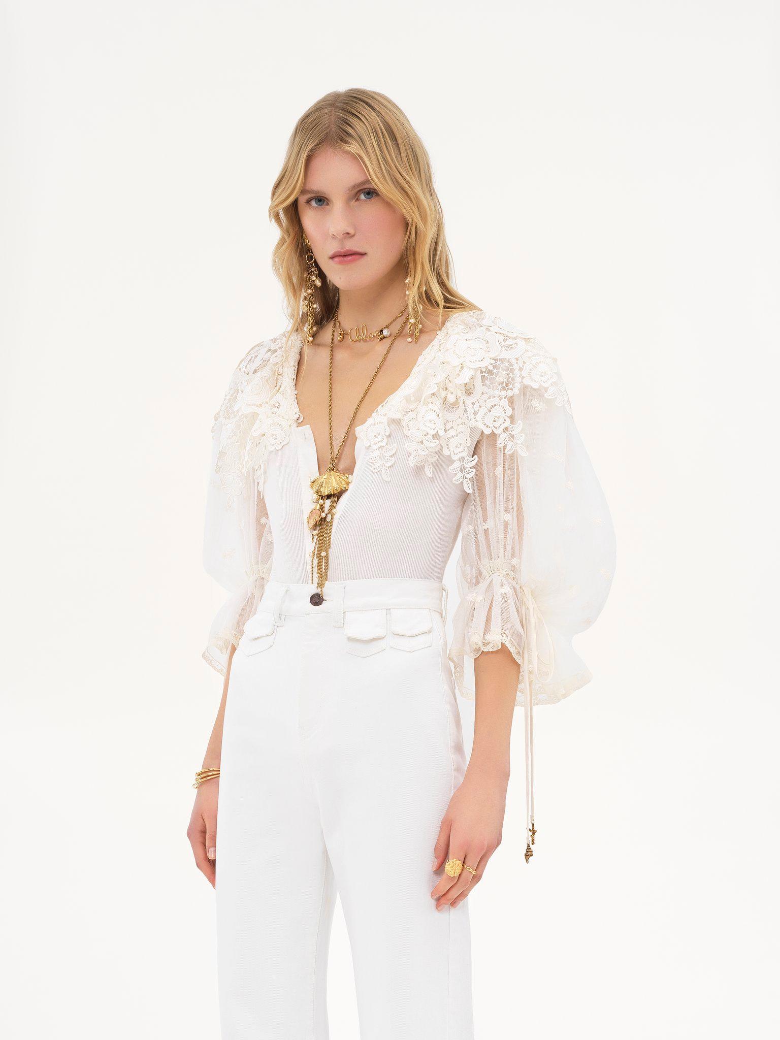 Puff-sleeve bodysuit in guipure lace cotton mix Product Image