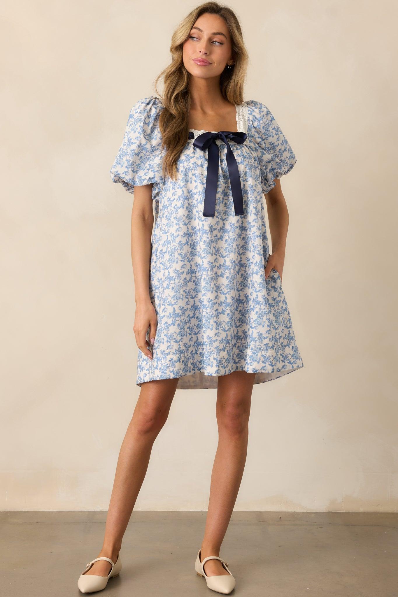 Frolic Through Fields Cotton Blue Floral Mini Dress Product Image