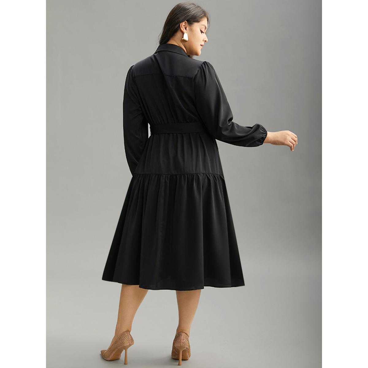 Plus Size Anti-Wrinkle Shirt Collar Belted Metal Detail Dress Black Women Office Plain Shirt collar Long Sleeve Curvy Midi Dress BloomChic 12/L Product Image