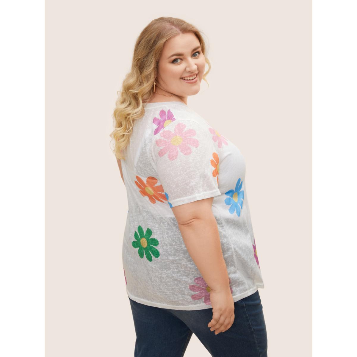 Plus Size Colored Floral V Neck See Through T-Shirt WhiteSmoke Women Playful See through Art&design V-neck Casual T-shirts BloomChic 10/M Product Image