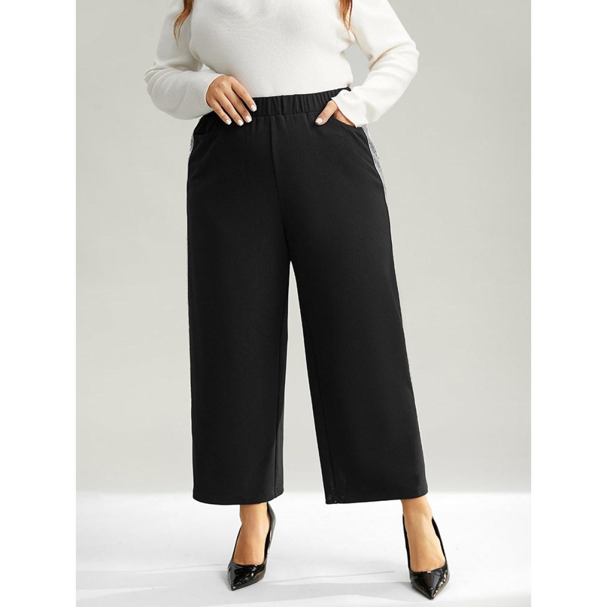 Plus Size Sequin Patchwork Pocket Wide Leg Pants Women Black Glamour Wide Leg High Rise Festival-Christmas Pants BloomChic 12/L Product Image