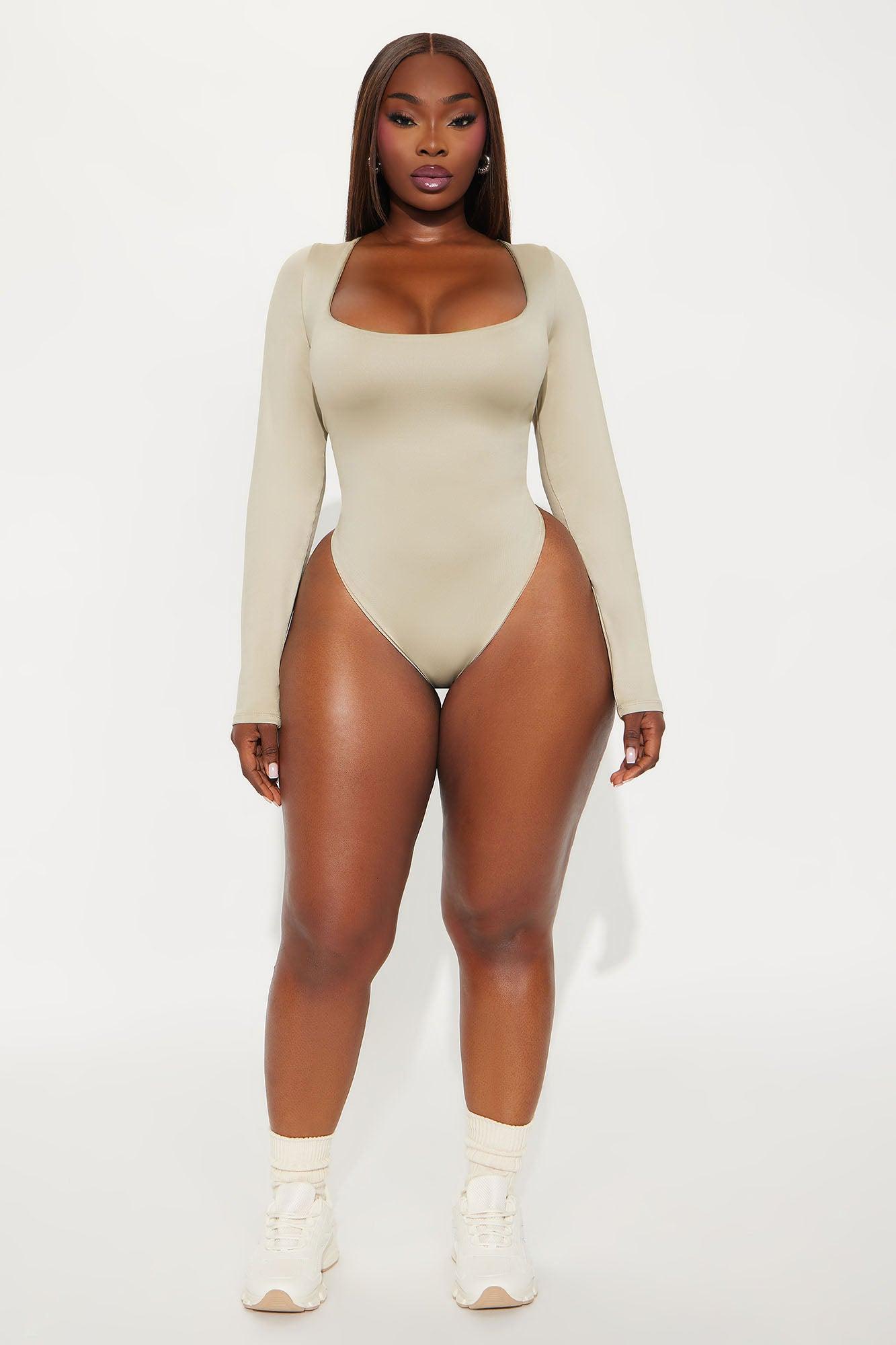 Contour Double Lined Long Sleeve Wide Scoop Neck Bodysuit - Stone Female Product Image