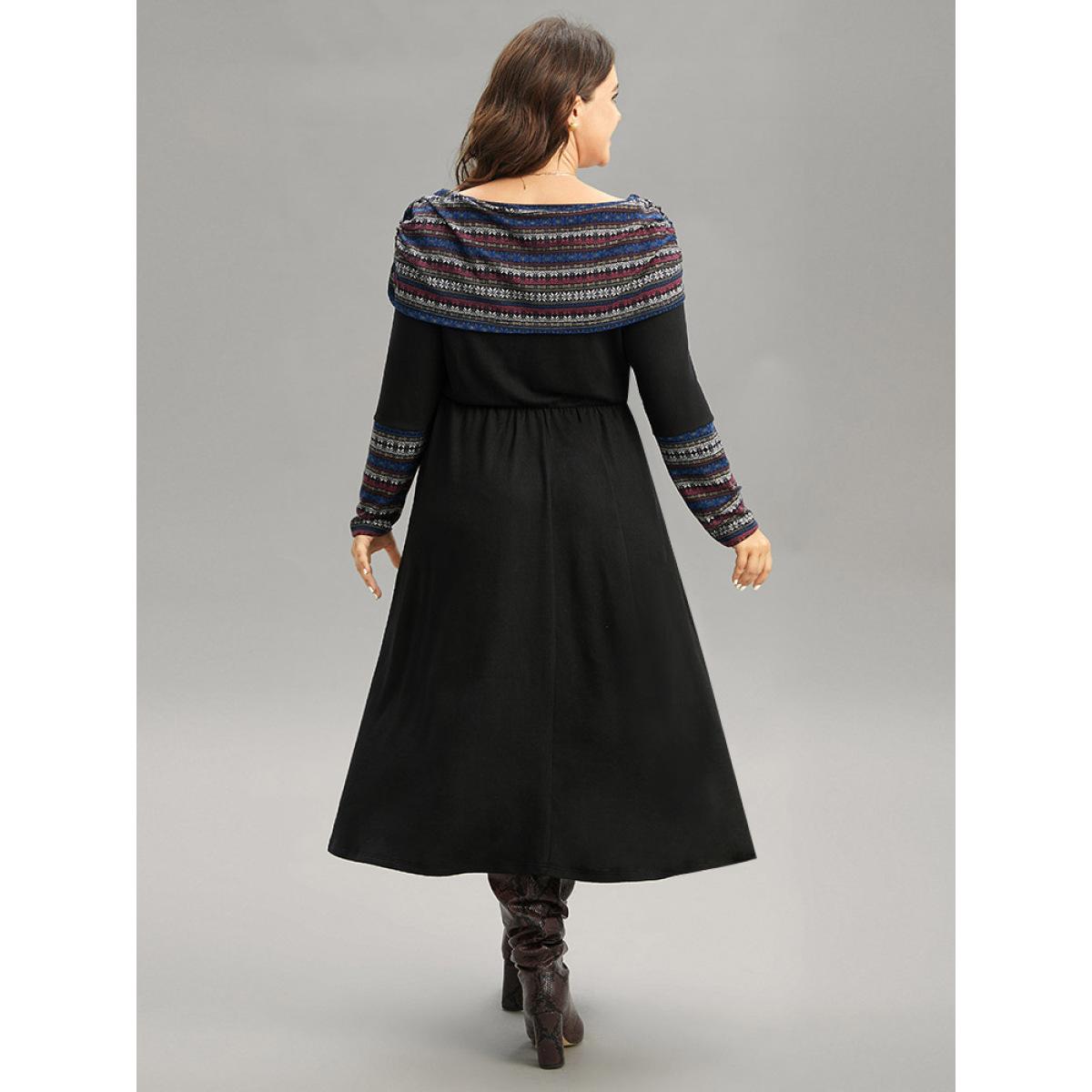 Plus Size Boat Neck Striped Contrast Gathered Dress Black Women Office Gathered Boat Neck Long Sleeve Curvy Midi Dress BloomChic 10/M Product Image