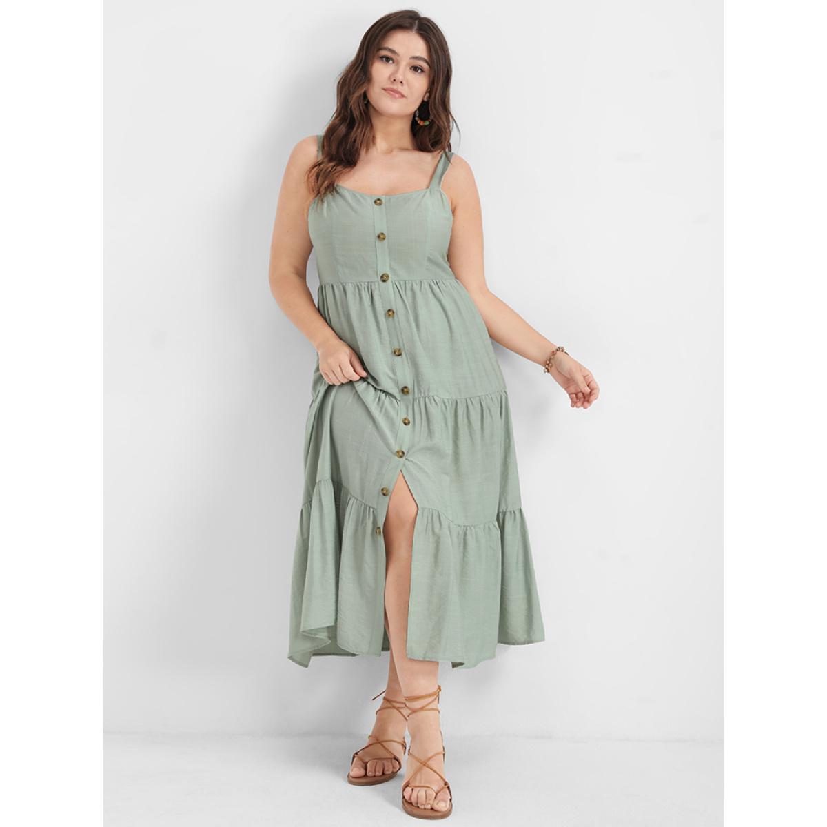Plus Size Solid Ruffles Button Backless Shirred Tank Dress LightGreen Women Elegant Elastic Waist Spaghetti Strap Sleeveless Curvy Long Dress BloomChic 30/6X Product Image