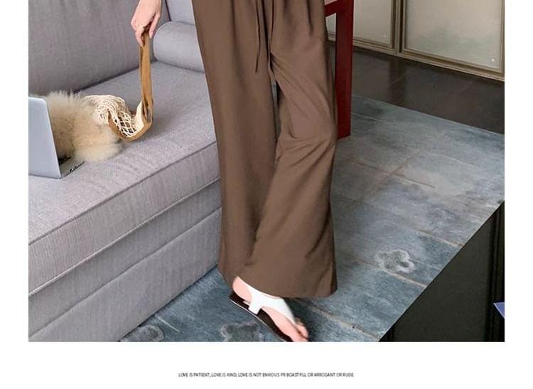 Set: Sleeveless Square Neck Plain Ruffle Trim Blouse + High Rise Plain Wide Leg Pants Product Image