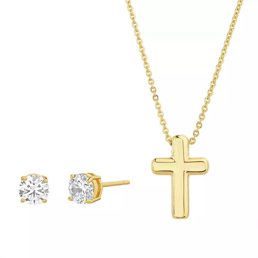 Guided by Faith 14k Gold Plated Puffy Cross Necklace & Cubic Zirconia Stud Earring Set, Womens Gold Tone Product Image
