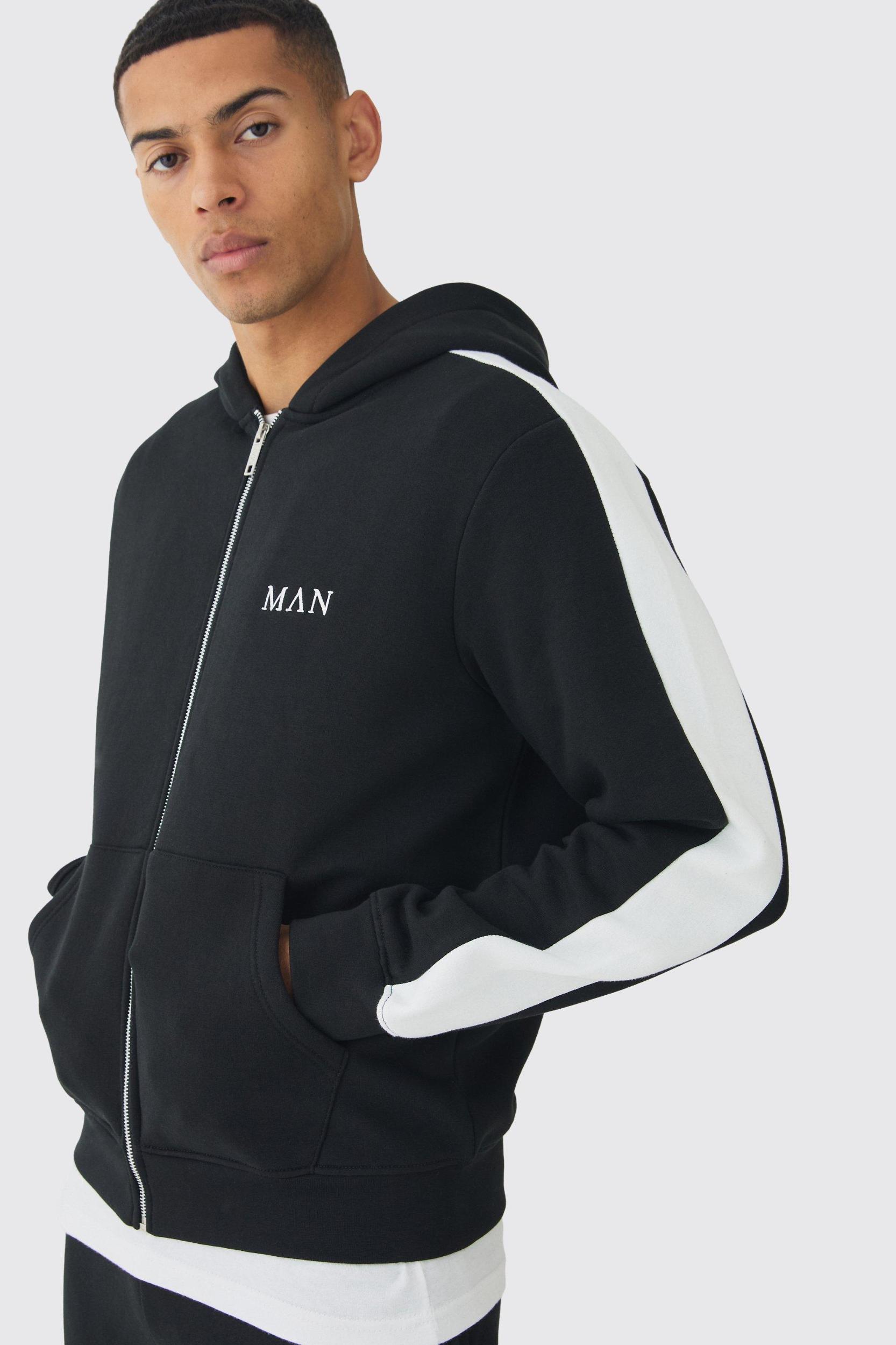 Regular Fit MAN Colour Block Cargo Pocket Zip Through Hooded Tracksuit | boohooMAN USA Product Image