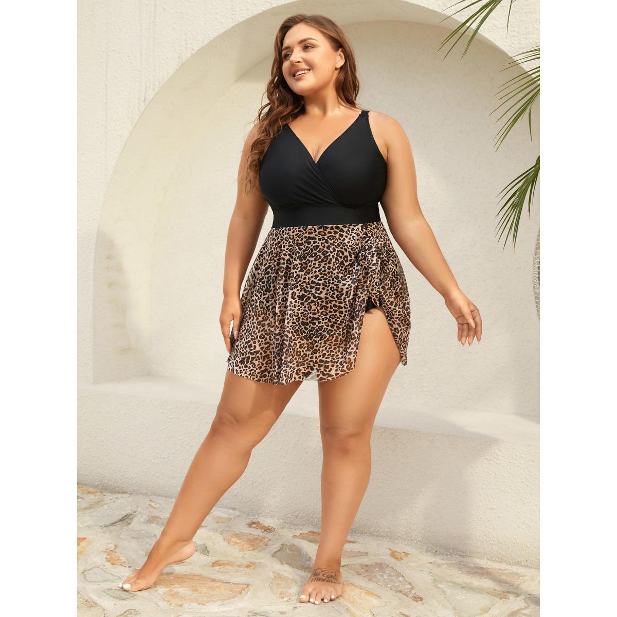 Plus Size Leopard Print Knotted Surplice Swim Dress Women's Swimwear Black Beach Bodycon Overlap Collar High stretch Curve Swim Dresses BloomChic 14-16/1X Product Image