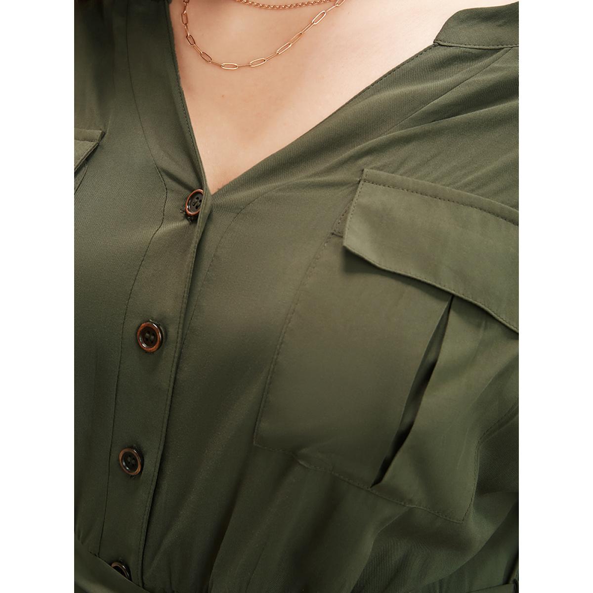 Plus Size ArmyGreen Plain Flap Pocket Belted Button Up Jumpsuit Women Office Short sleeve V-neck Office Loose Jumpsuits BloomChic 22-24/3X Product Image