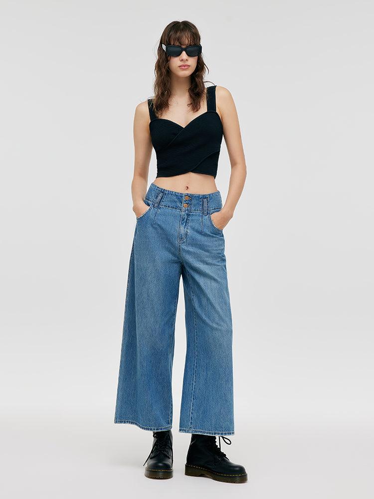 Wide-Leg Loose Women Capri Jeans Product Image