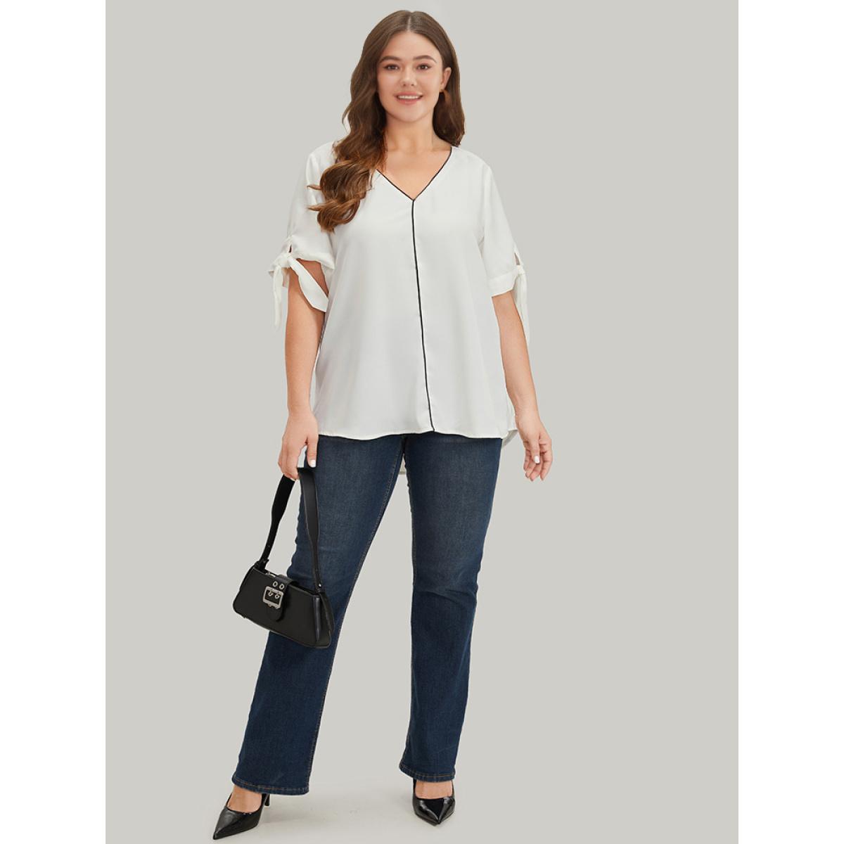 Plus Size Ivory Contrast Trim Knot High Low Hem Blouse Women Office Short sleeve V-neck Office Blouses BloomChic 10/M Product Image