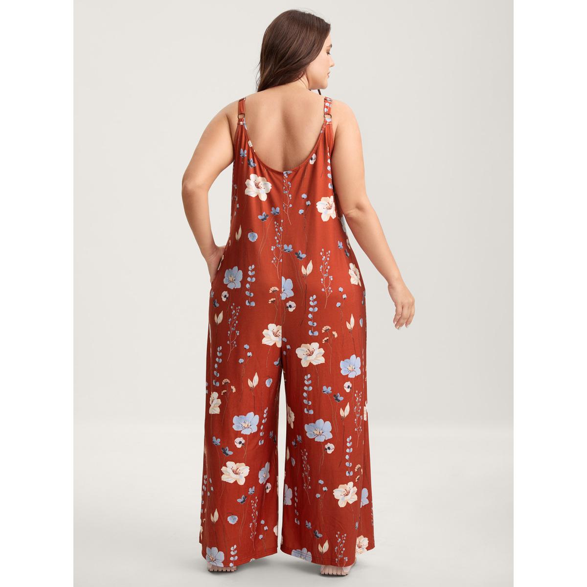 Plus Size Rust Stretchy Lined Floral Print Cami Jumpsuit Women Leisure Sleeveless V-neck Casual Loose Jumpsuits BloomChic 26/4X Product Image