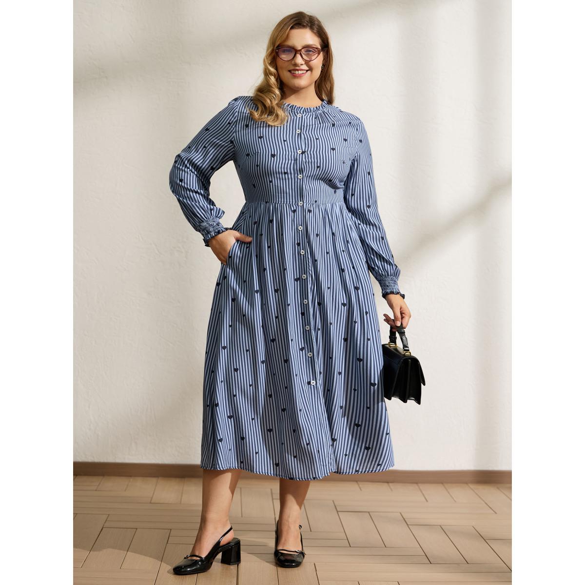 Plus Size Stripe Hearts Pocket Shirt Maxi Dress Indigo Women Leisure Shirt collar Long Sleeve Curvy BloomChic 18-20/2X Product Image