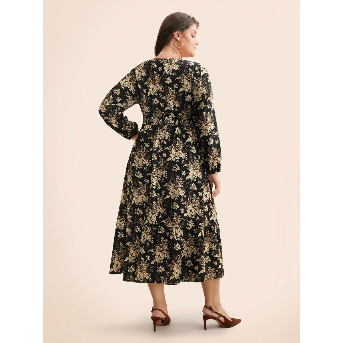Plus Size Floral Overlap Collar Shirred Midi Dress BlackFlower Women Elegant Shirred Overlap Collar Long Sleeve Curvy BloomChic 12/L Product Image