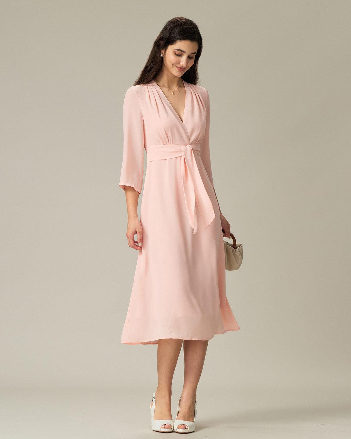 Pink V-Neck Pleated Midi Dress Product Image