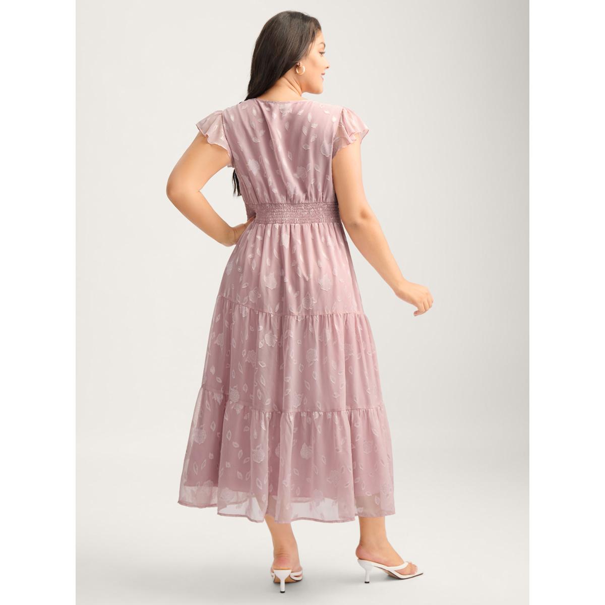 Plus Size Sweet Petals Pleated Waist Tiered Midi Dress Beanpastepowder Women V-neck Cap Sleeve Curvy BloomChic 22-24/3X Product Image