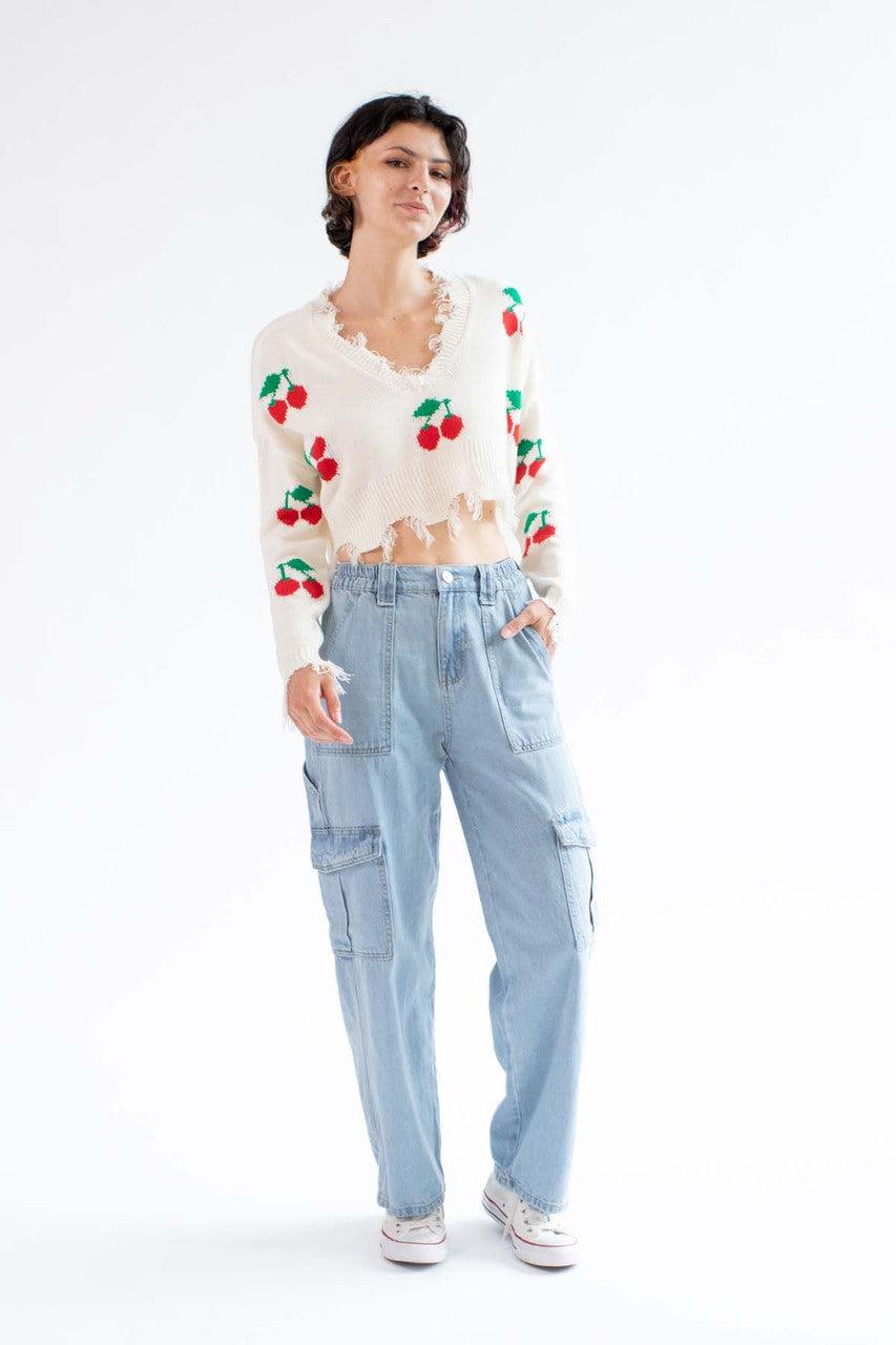 Cropped Cherry Frayed Sweater Product Image