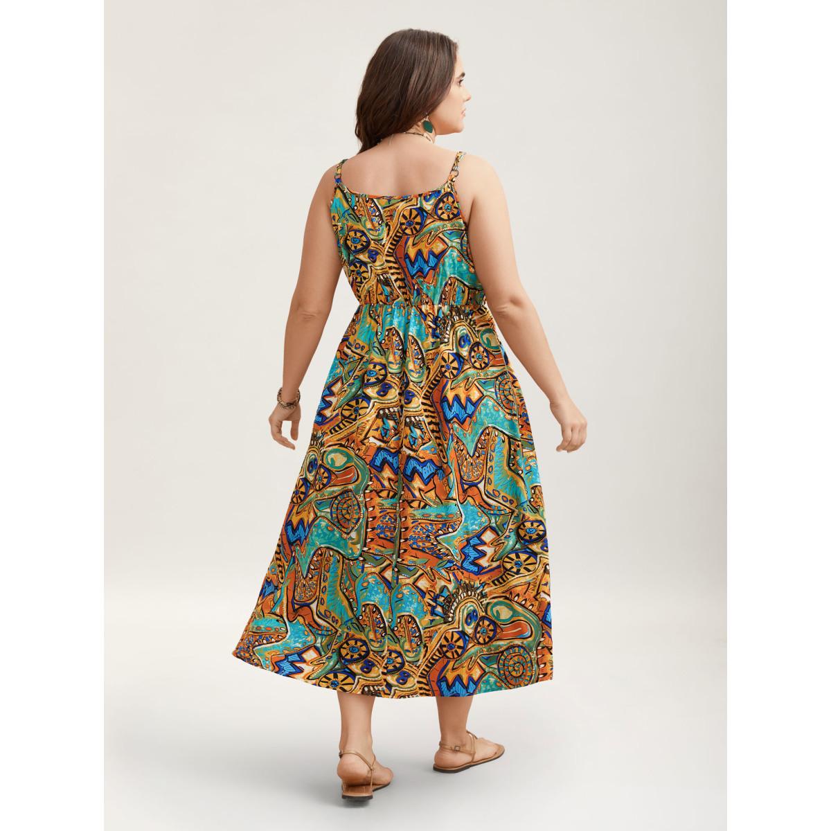 Plus Size Boho Print Stretchy Waist Pockets Maxi Dress Multicolor Women Boho Gathered Overlap Collar Sleeveless Curvy BloomChic 10/M Product Image