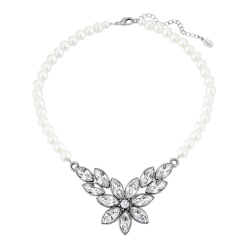 1928 Silver Tone Simulated Crystal Flower Frontal Necklace, Women's, White Product Image