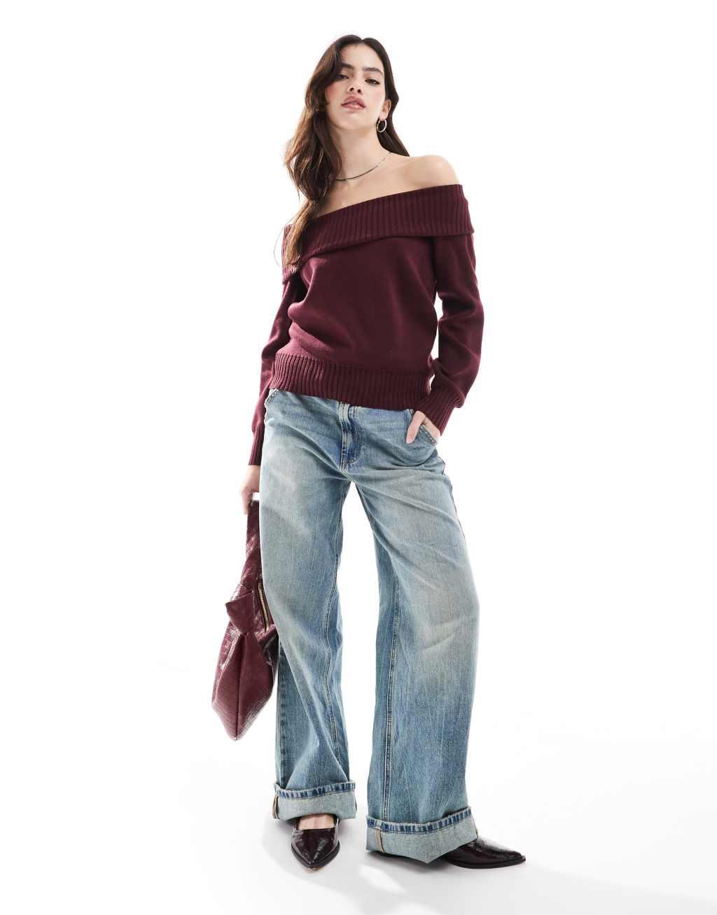 Stradivarius off-the-shoulder knit top in burgundy Product Image