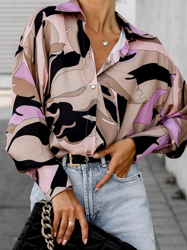 Long Sleeves Loose Buttoned Printed Lapel Blouses&Shirts Tops Product Image