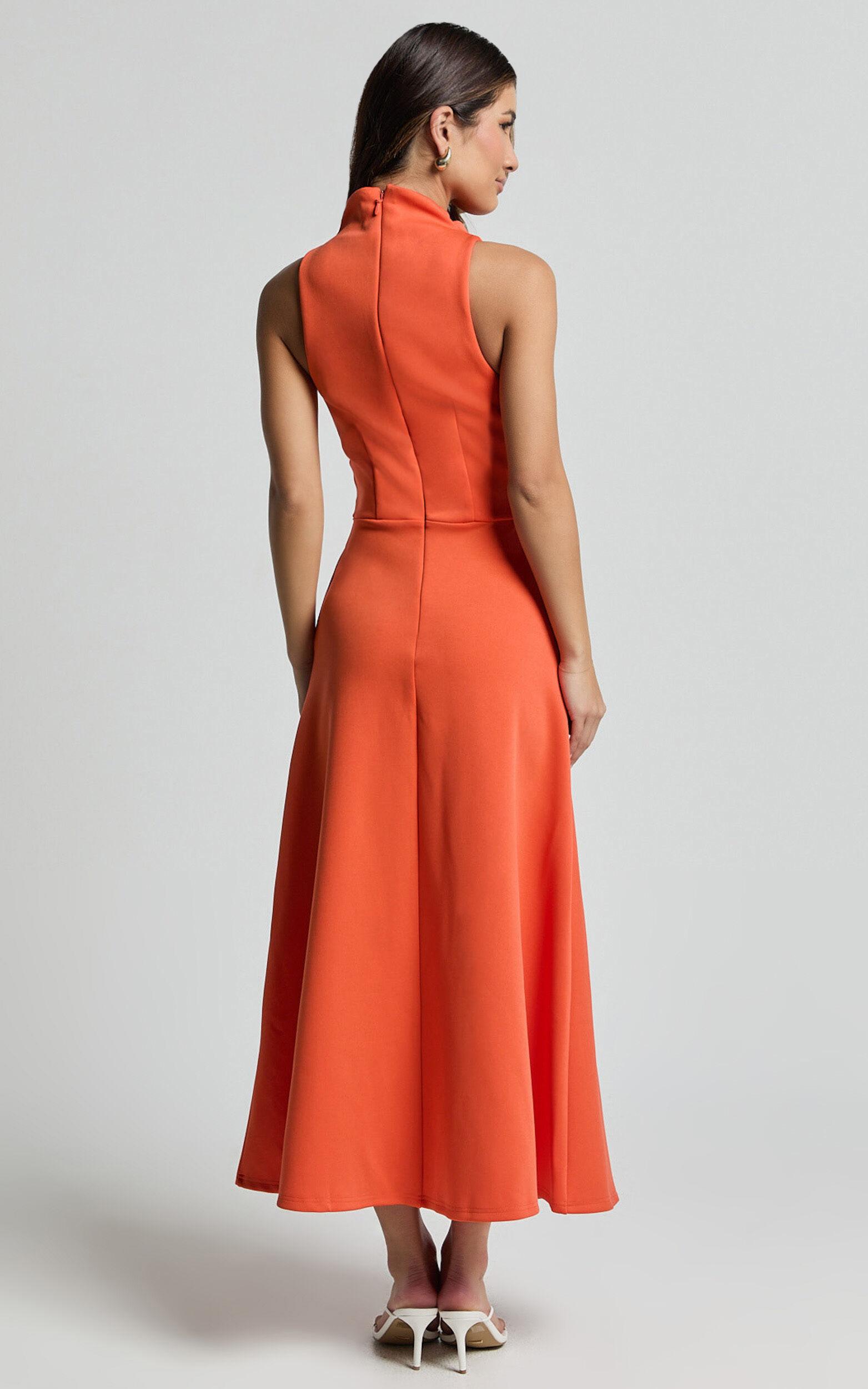 Macy Midi Dress - High Neck A Line Dress in Orange Product Image