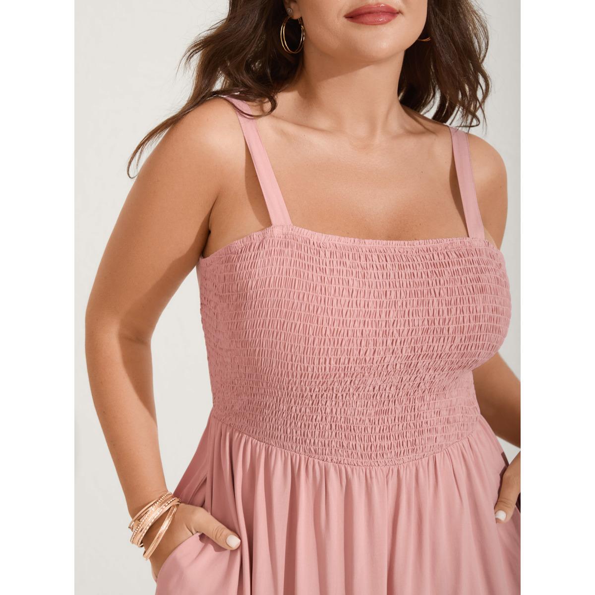 Plus Size Rayon Shirred Bodice Solid Midi Dress Crepe Women Square Neck Sleeveless Curvy BloomChic 14-16/1X Product Image