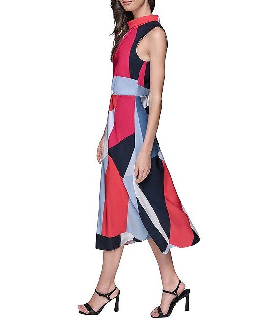 KARL LAGERFELD PARIS Silky Crepe Abstract Print Halter Neck Sleeveless Blouson Midi Dress Product Image